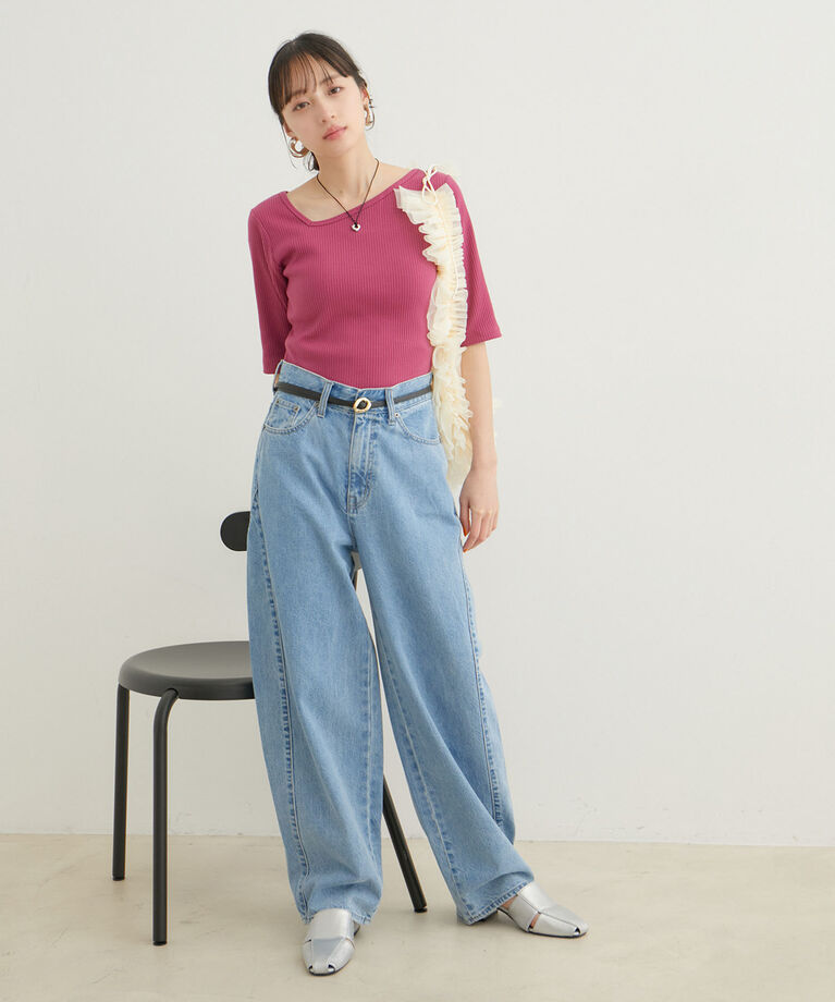 VIS「【前後2WAY】テレコアシンメトリーネック5分袖プルオーバー【洗える】」|Tシャツ・カットソー|