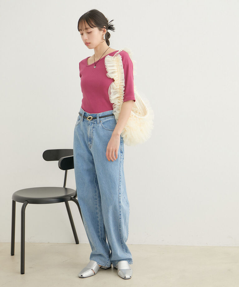 VIS「【前後2WAY】テレコアシンメトリーネック5分袖プルオーバー【洗える】」|Tシャツ・カットソー|