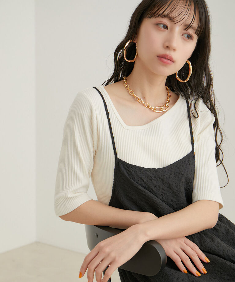 VIS「【前後2WAY】テレコアシンメトリーネック5分袖プルオーバー【洗える】」|Tシャツ・カットソー|