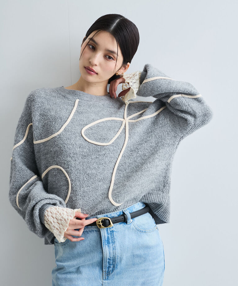 VIS「【洗える】ハート＆リボンコード刺繍ニットプルオーバー」|ニット・セーター|