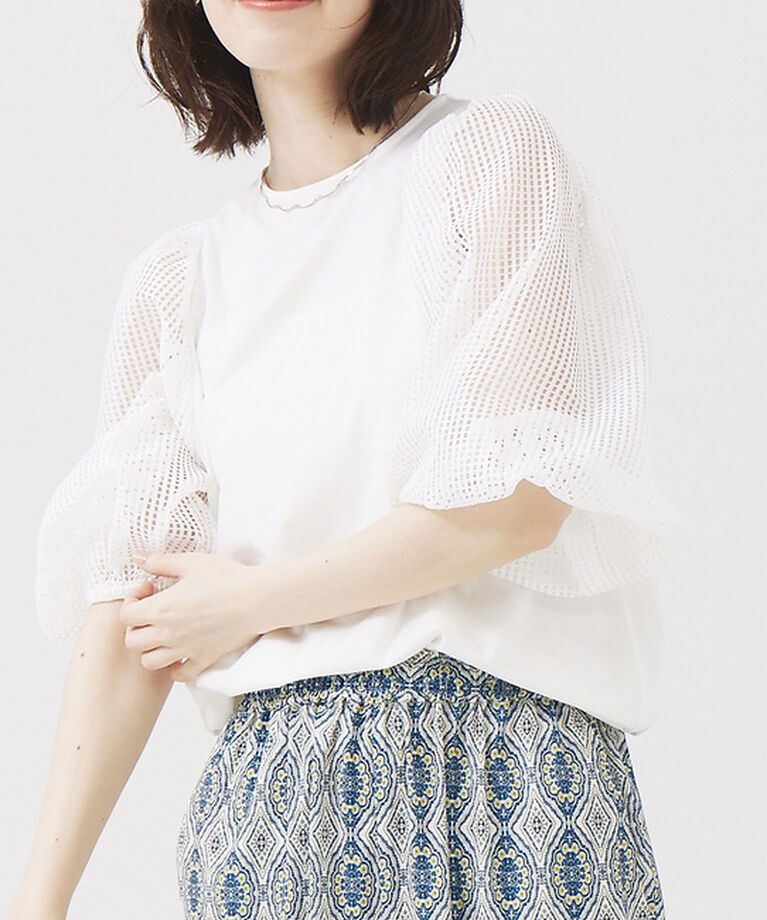 abahouse mavie「メッシュボリューム5分袖コンビプルオーバー」|Tシャツ・カットソー|ホワイト