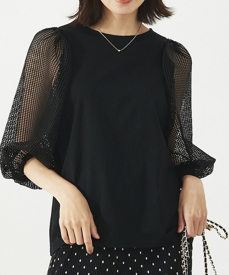 abahouse mavie「メッシュボリューム5分袖コンビプルオーバー」|Tシャツ・カットソー|ブラック