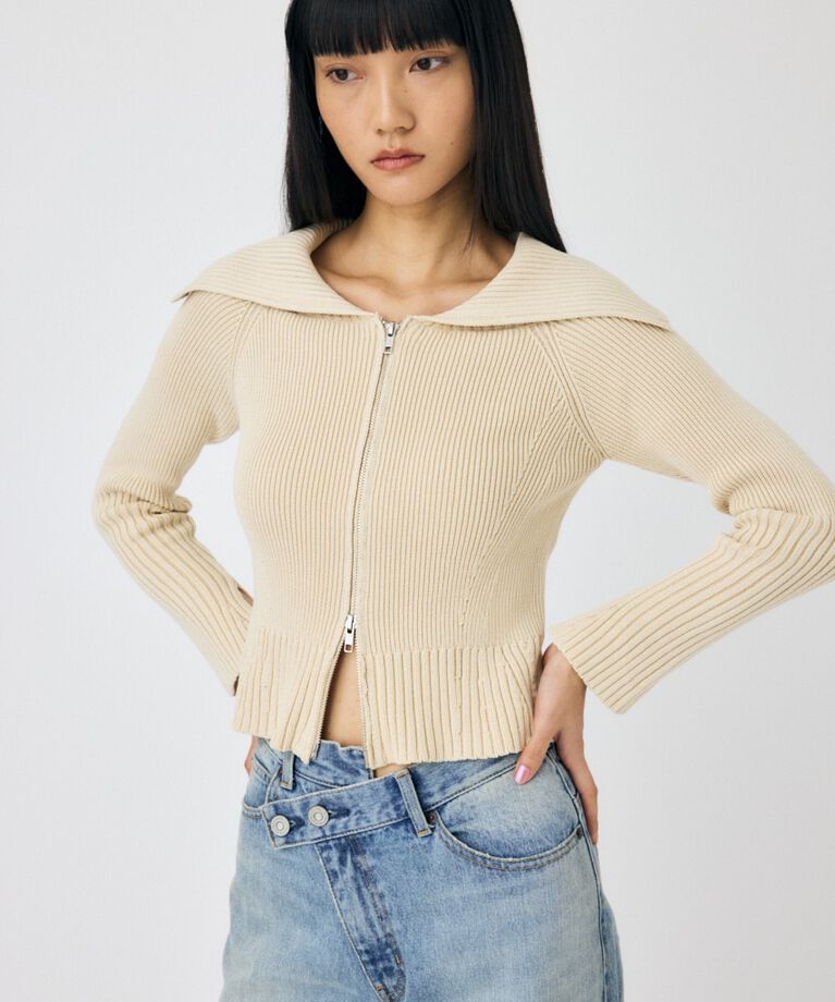 MOUSSY「BIG COLLAR ZIP UP ニットトップス」|ニット・セーター|