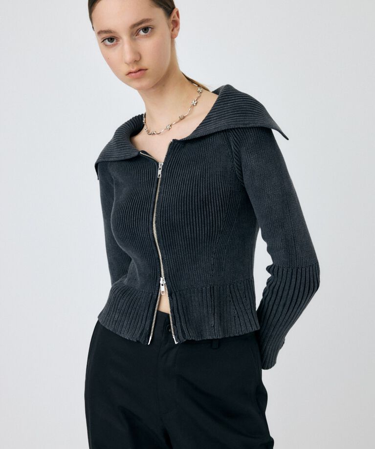 MOUSSY「BIG COLLAR ZIP UP ニットトップス」|ニット・セーター|