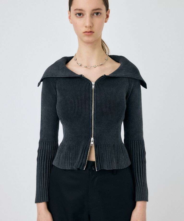 MOUSSY「BIG COLLAR ZIP UP ニットトップス」|ニット・セーター|