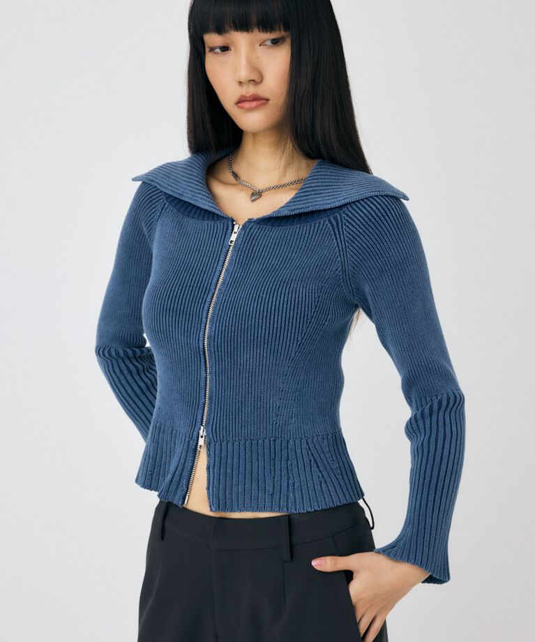 MOUSSY「BIG COLLAR ZIP UP ニットトップス」|ニット・セーター|BLU
