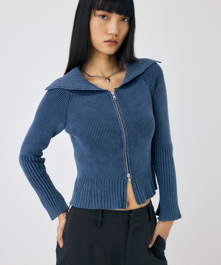 MOUSSY「BIG COLLAR ZIP UP ニットトップス」|ニット・セーター|