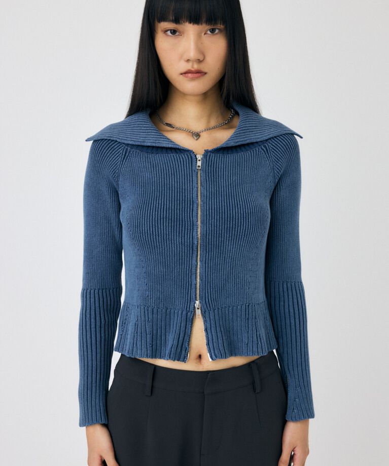 MOUSSY「BIG COLLAR ZIP UP ニットトップス」|ニット・セーター|