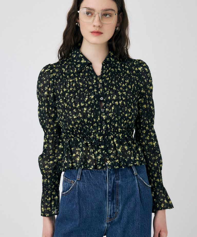 MOUSSY「SHIRRING FLORAL フィットシャツ」|シャツ・ブラウス|柄BLK5