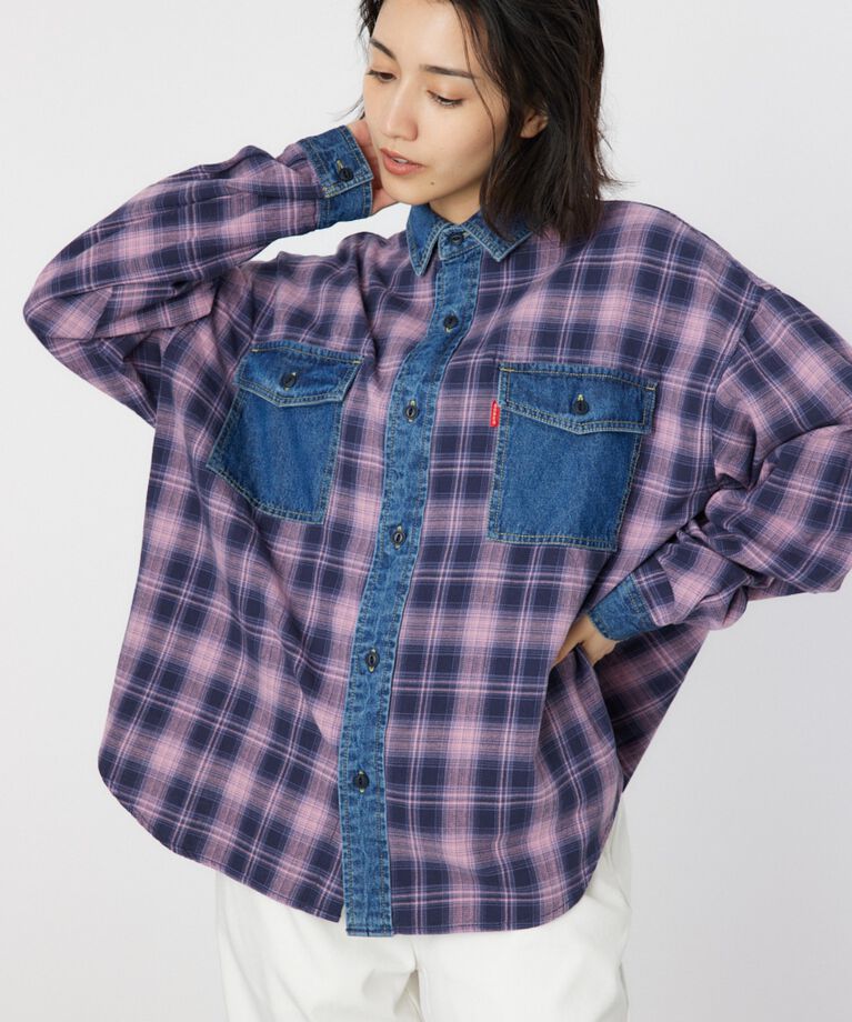 RODEO CROWNS「デニムドッキングチェックシャツ」|シャツ・ブラウス|柄NVY5