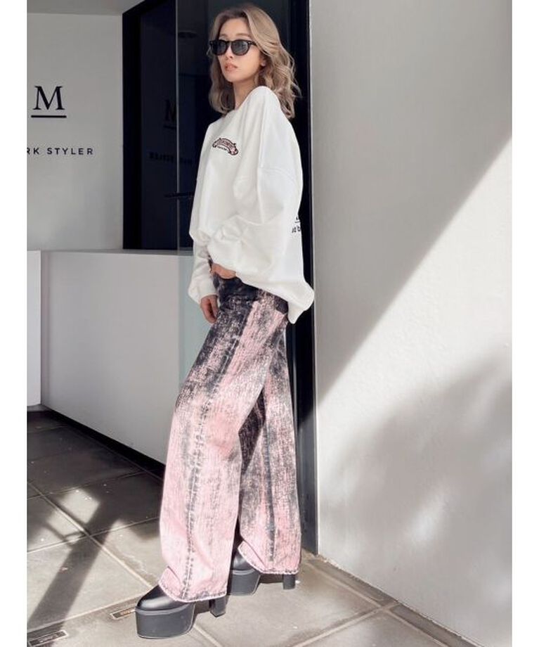 GYDA「ハイウエスト Tie Dyeワイドデニムパンツ」|デニム|