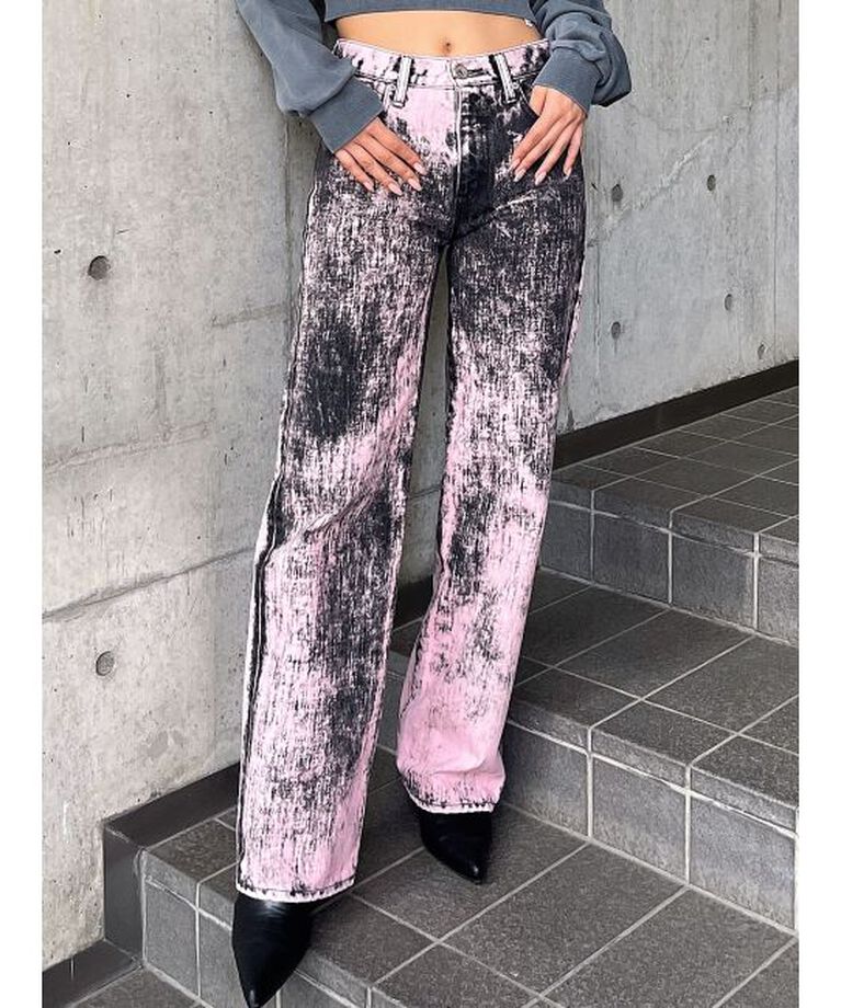 GYDA「ハイウエスト Tie Dyeワイドデニムパンツ」|デニム|ピンク