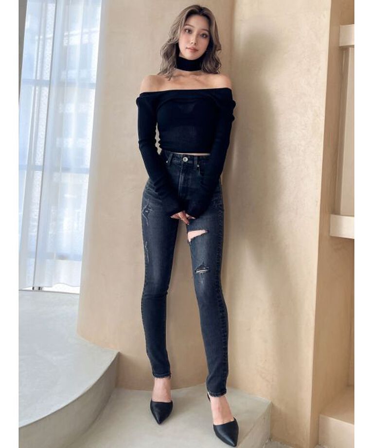 GYDA「ハイウエストthigh highダメージデニムパンツ」|デニム|