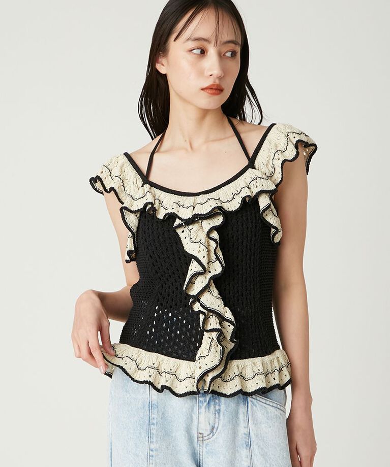 FRAY I.D「バイカラーフリルメッシュプルオーバー」|Tシャツ・カットソー|