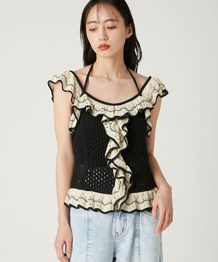FRAY I.D「バイカラーフリルメッシュプルオーバー」|Tシャツ・カットソー|
