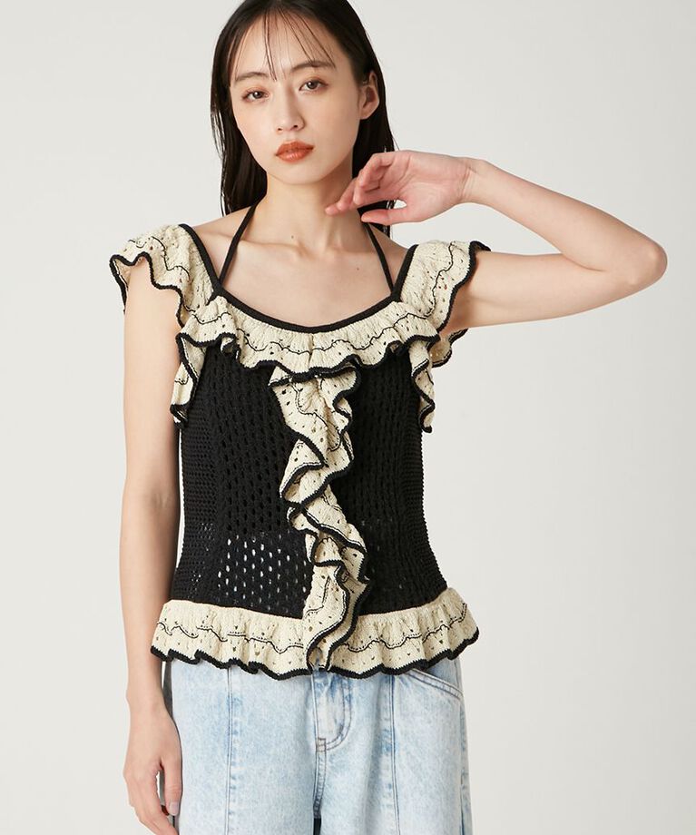 FRAY I.D「バイカラーフリルメッシュプルオーバー」|Tシャツ・カットソー|