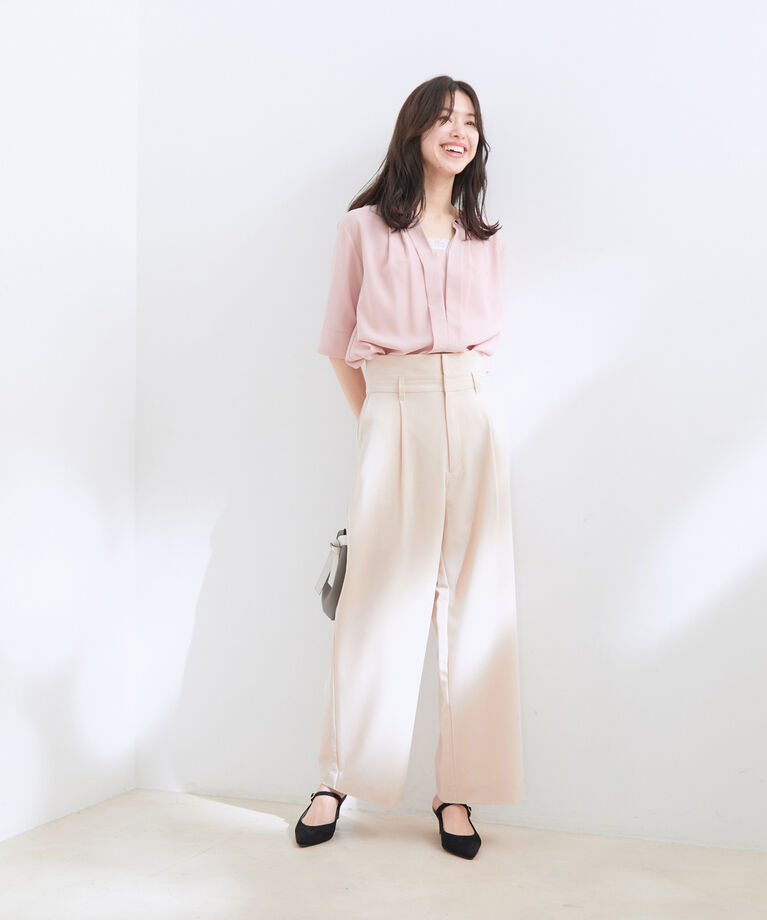 VIS「【洗える】ダブルウエストハイライズワイドパンツ」|スラックス|