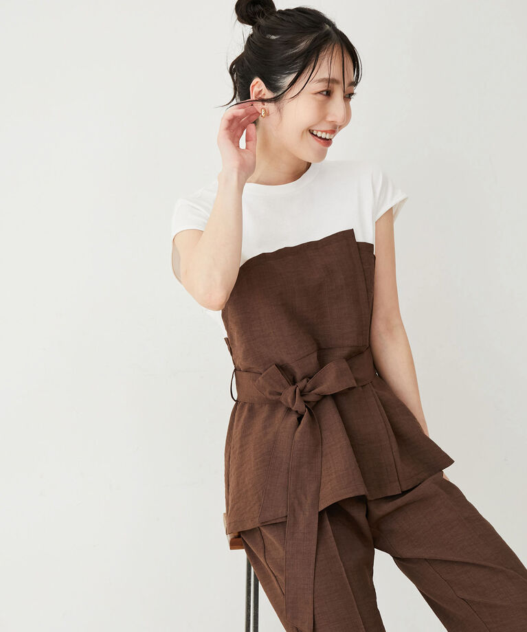VIS「【洗える】美easyドッキングフレンチスリーブカットソー【接触冷感(ビスチェ部分)】」|Tシャツ・カットソー|ブラウン系(23)