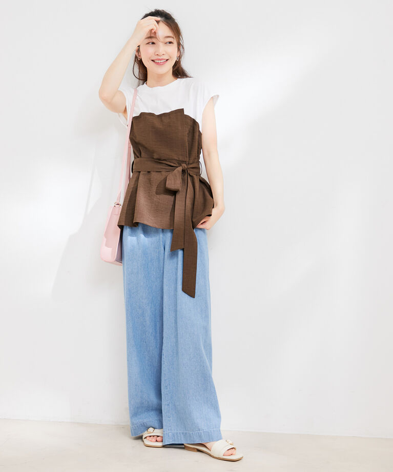 VIS「【洗える】美easyドッキングフレンチスリーブカットソー【接触冷感(ビスチェ部分)】」|Tシャツ・カットソー|