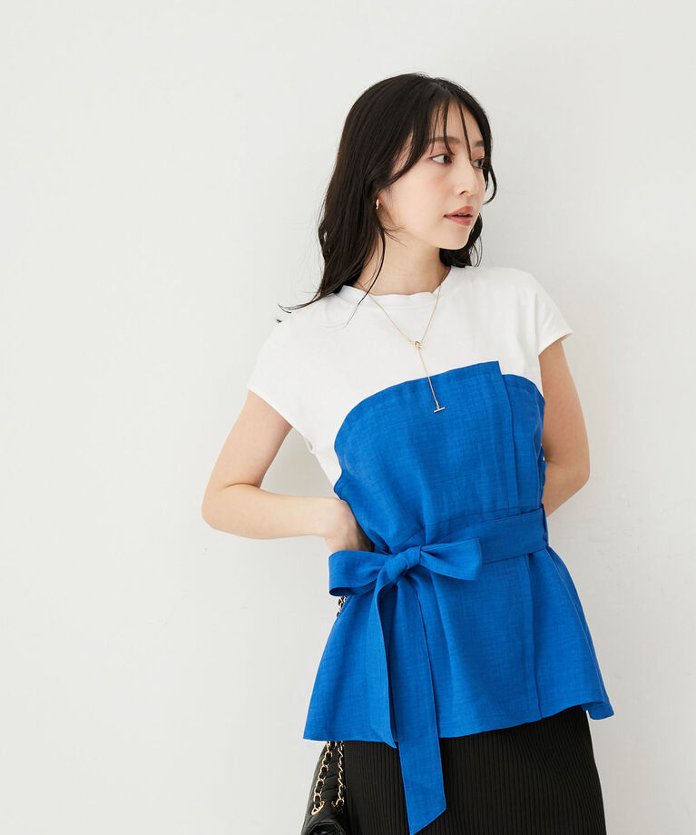 VIS「【洗える】美easyドッキングフレンチスリーブカットソー【接触冷感(ビスチェ部分)】」|Tシャツ・カットソー|ブルー系(45)