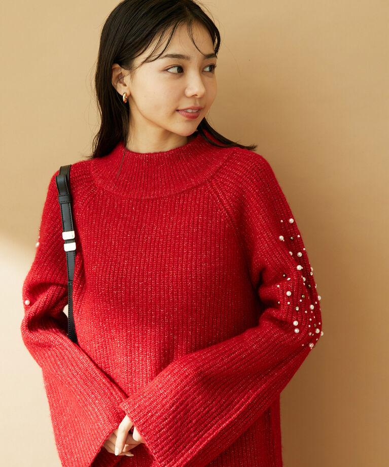 VIS「パール＆ビーズアクセントスリーブミニ丈ニットワンピース」|ワンピース|