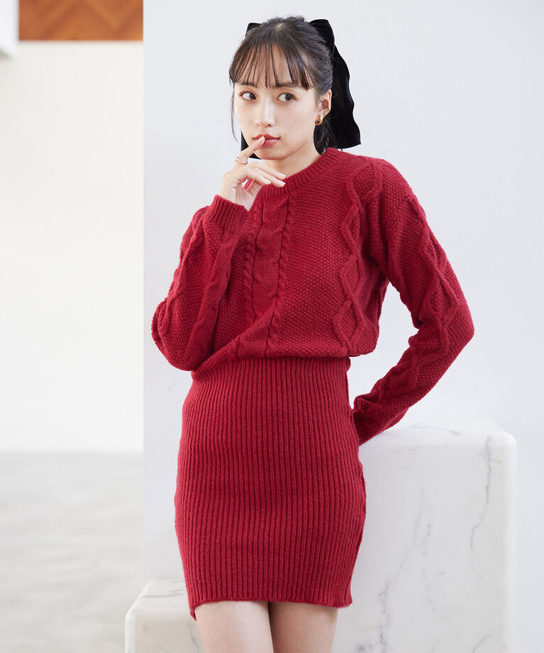 VIS「【WEB限定】ケーブル編みミニ丈ニットワンピース」|ワンピース|レッド(60)