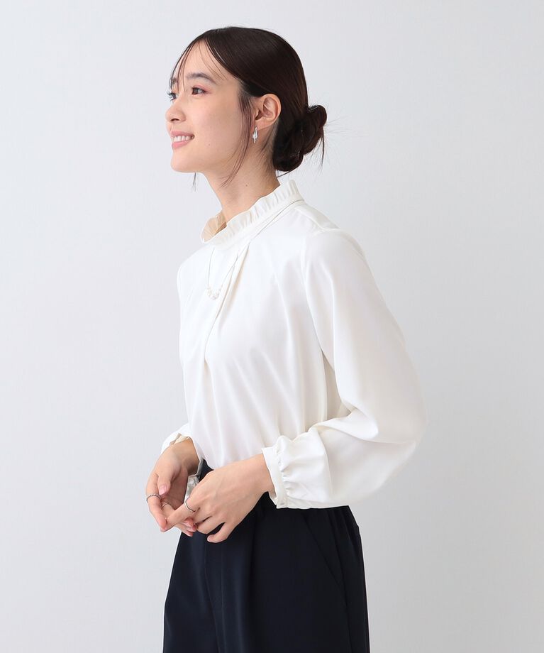 SHOO･LA･RUE「【S-3L/洗える/セレモニー】さらり軽やか スタンドカラー フリルブラウス」|シャツ・ブラウス|