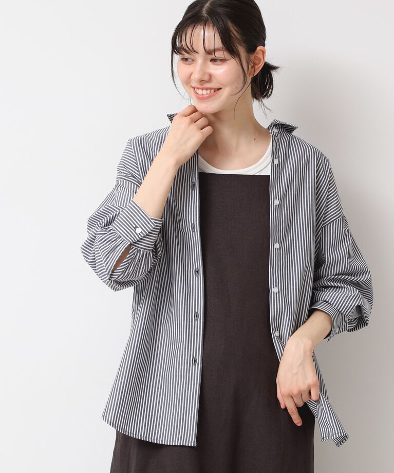 Dessin「【洗える】ロゴ刺繍入りストライプオーバーシャツ」|シャツ・ブラウス|ブラック(319)