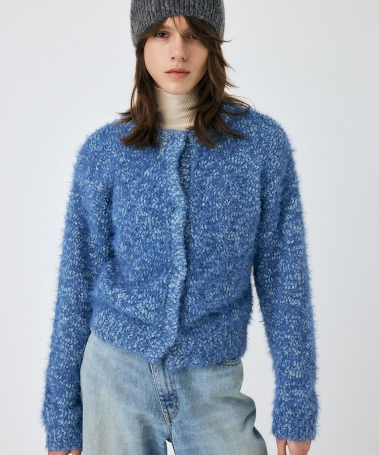 MOUSSY「GLITTER SHAGGY ニットカーディガン」|カーディガン|L/BLU1