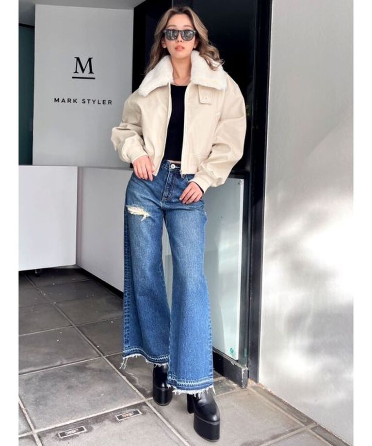 GYDA「ハイウエストレースデザインフレアデニムパンツ」|デニム|
