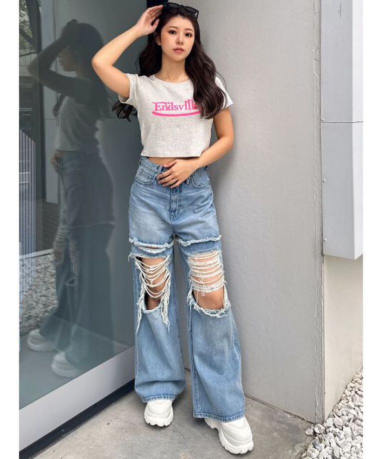 GYDA「ハイウエストThighs cutデザインダメージワイドデニムパンツ」|デニム|