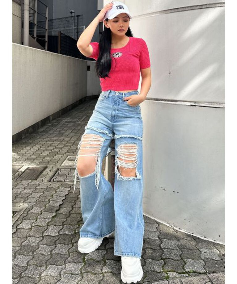 GYDA「ハイウエストThighs cutデザインダメージワイドデニムパンツ」|デニム|