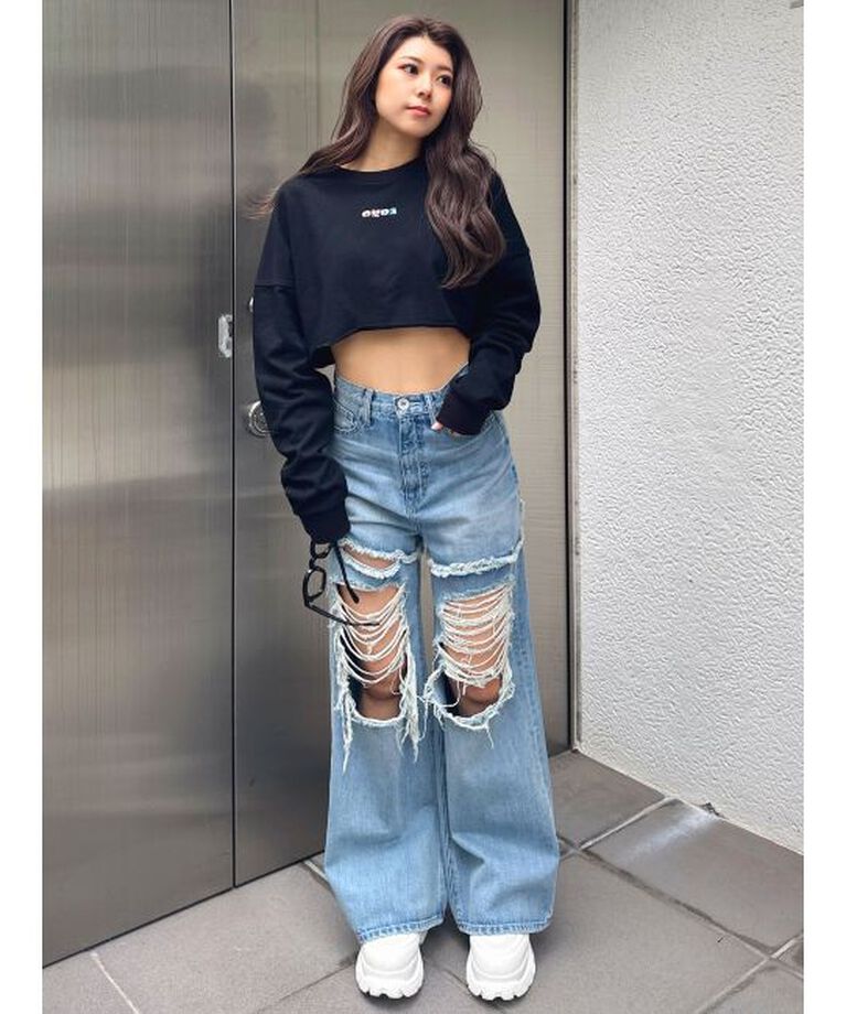 GYDA「ハイウエストThighs cutデザインダメージワイドデニムパンツ」|デニム|