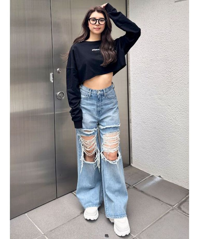 GYDA「ハイウエストThighs cutデザインダメージワイドデニムパンツ」|デニム|