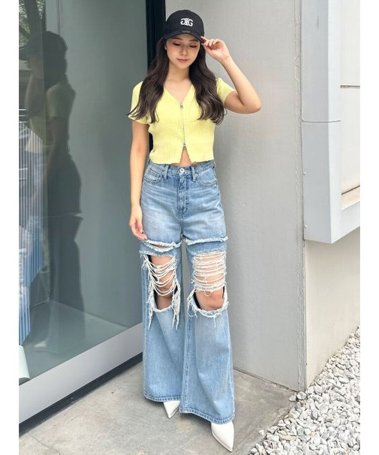 GYDA「ハイウエストThighs cutデザインダメージワイドデニムパンツ」|デニム|