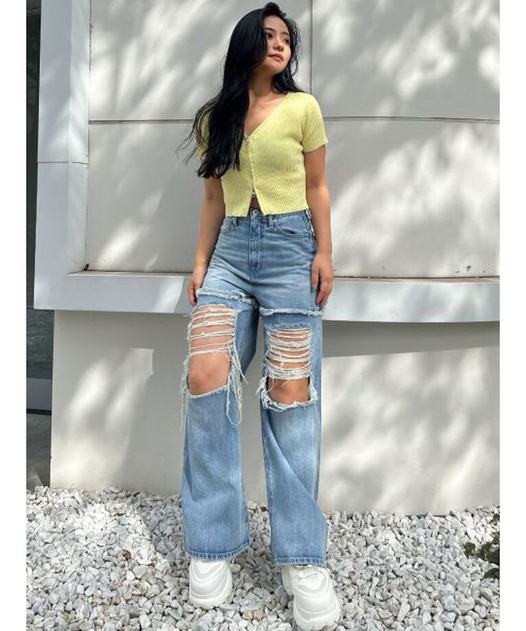GYDA「ハイウエストThighs cutデザインダメージワイドデニムパンツ」|デニム|