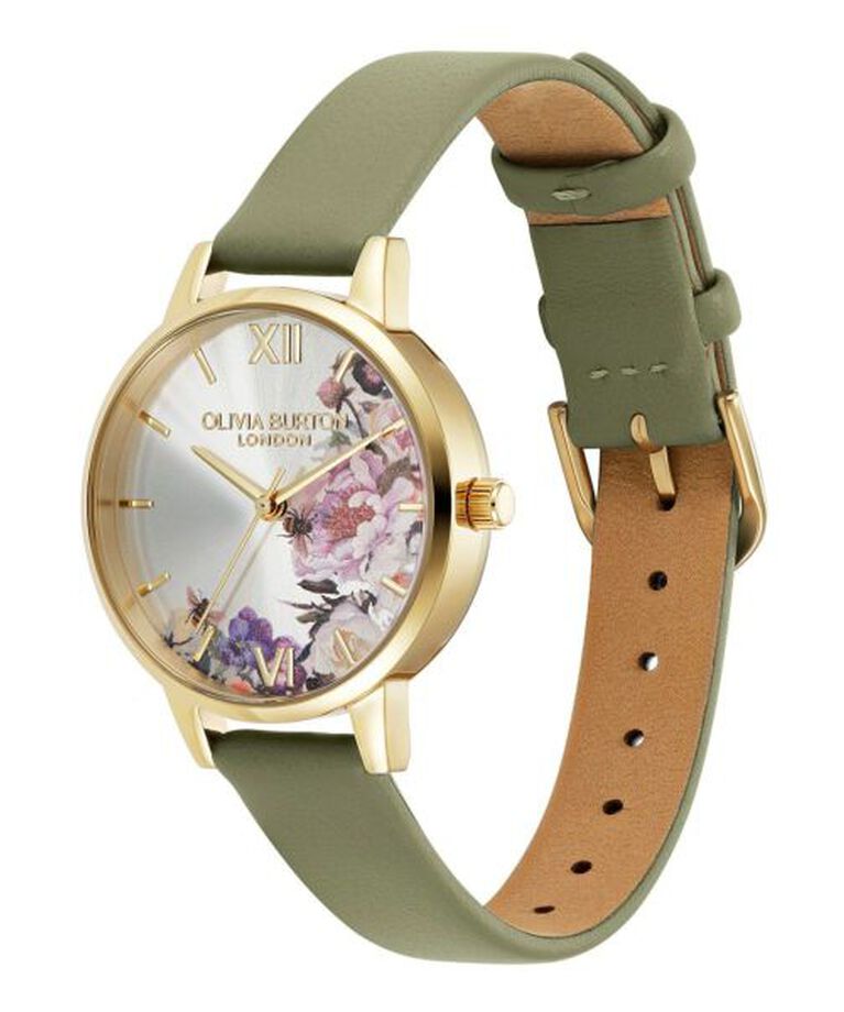 OLIVIA BURTON 「〈OLIVIA BURTON(ｵﾘﾋﾞｱﾊﾞｰﾄﾝ)〉ｼｸﾞﾈﾁｬｰ 30mm ｲﾗｽﾄﾚｲﾃｯﾄﾞ ﾌﾛｰﾗﾙｺﾞｰﾙﾄﾞ＆ｾｰｼﾞｸﾞﾘｰﾝﾚｻﾞｰｽﾄﾗｯﾌﾟ」|腕時計|