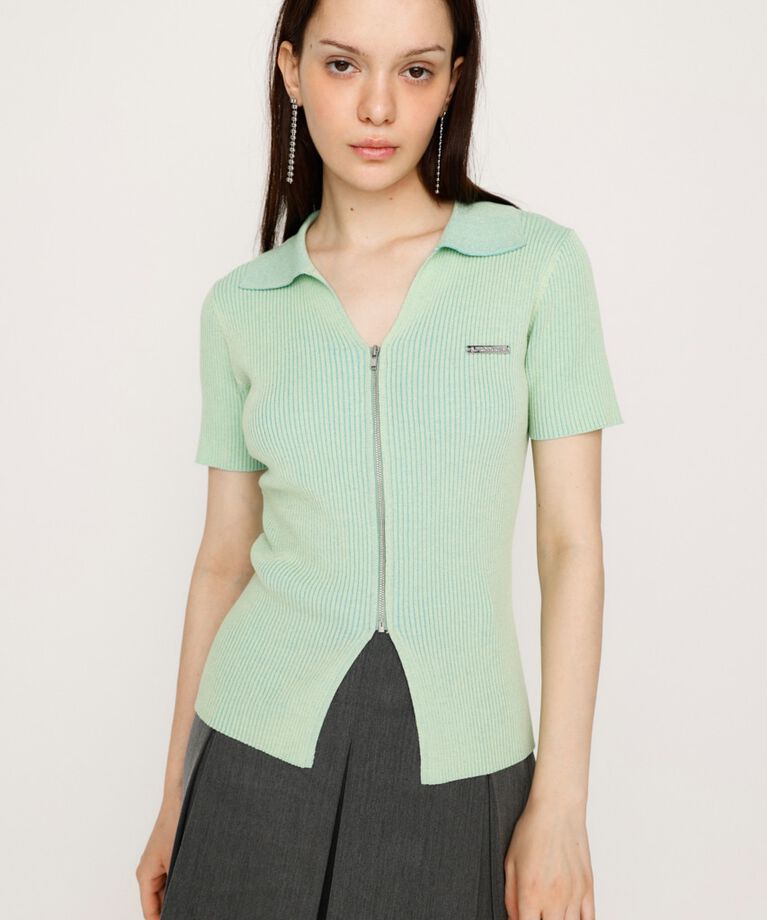 SLY「DUAL COLOR FRONT ZIP KNIT トップス」|ニット・セーター|L/GRN1