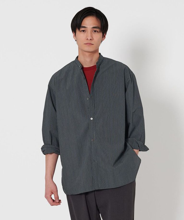 UNITED ARROWS「フェザー ポプリン ストライプ バンドカラー シャツ」|シャツ・ブラウス|