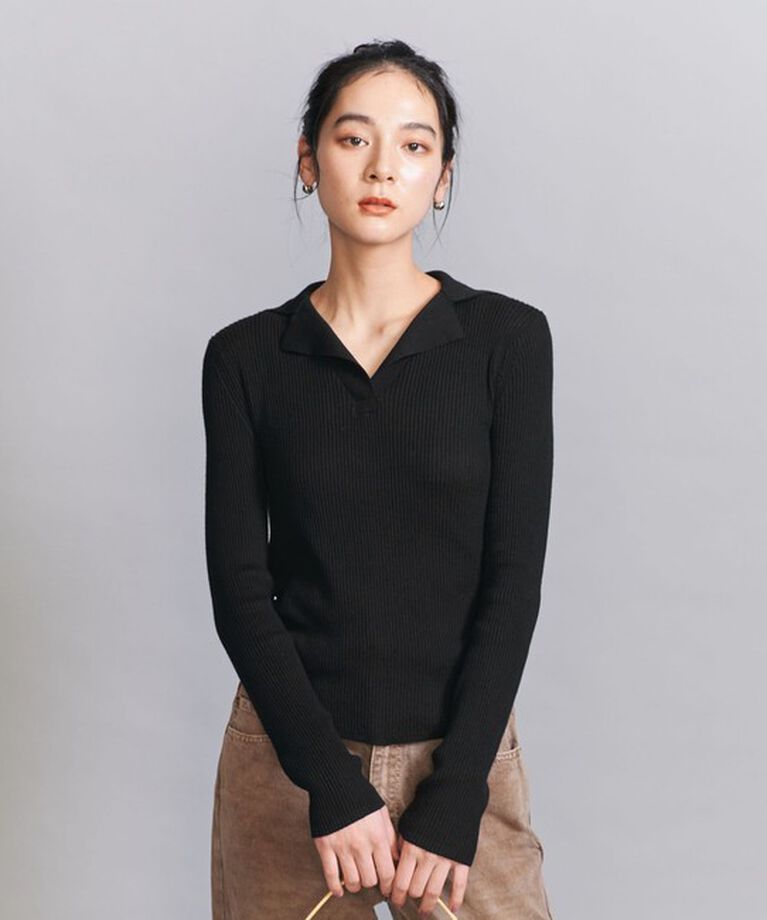 BEAUTY&YOUTH UNITED ARROWS「コットンリブ オープンカラーニット -ウォッシャブル-」|ニット・セーター|BLACK
