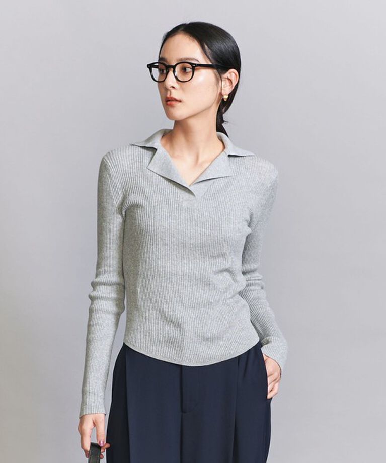BEAUTY&YOUTH UNITED ARROWS「コットンリブ オープンカラーニット -ウォッシャブル-」|ニット・セーター|MD.GRAY