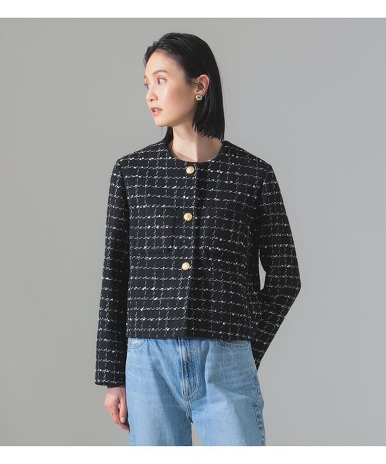 Demi-Luxe BEAMS 「ツイード ノーカラー ジャケット」|ダッフルコート|BLACK