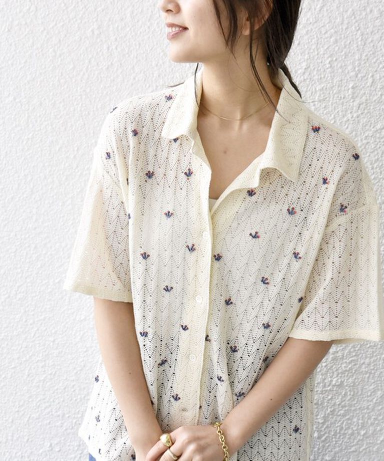 SHIPS any「bon_meur:〈手洗い可能〉ビーズ刺繍 透かし編み オープンカラー シャツ」|シャツ・ブラウス|