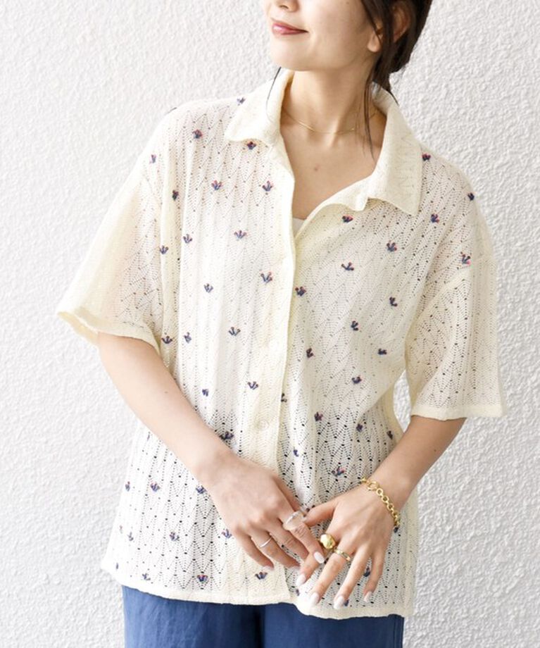 SHIPS any「bon_meur:〈手洗い可能〉ビーズ刺繍 透かし編み オープンカラー シャツ」|シャツ・ブラウス|