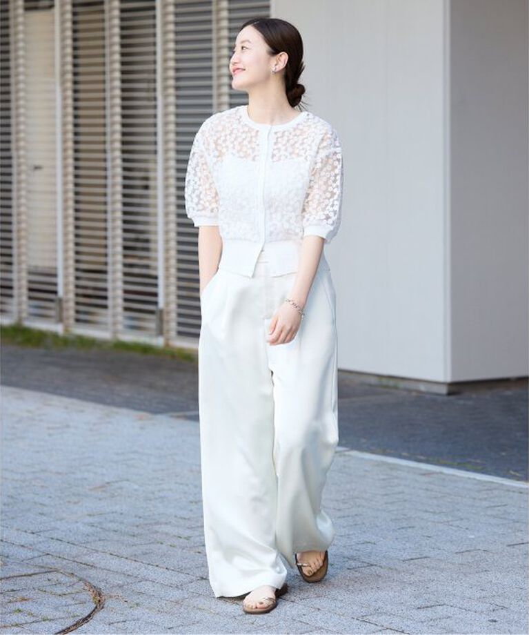 IENA「《予約》フラワーレースハーフスリーブニット カーディガン」|カーディガン|