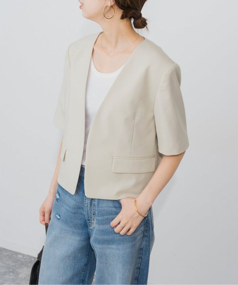 Spick and Span「ハーフスリーブノーカラージャケット」|その他|ベージュ