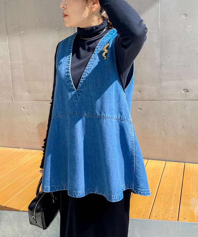 Rie Miller「【RM denim】ペプラムジレデニムブラウス」|シャツ・ブラウス|インディゴブルー