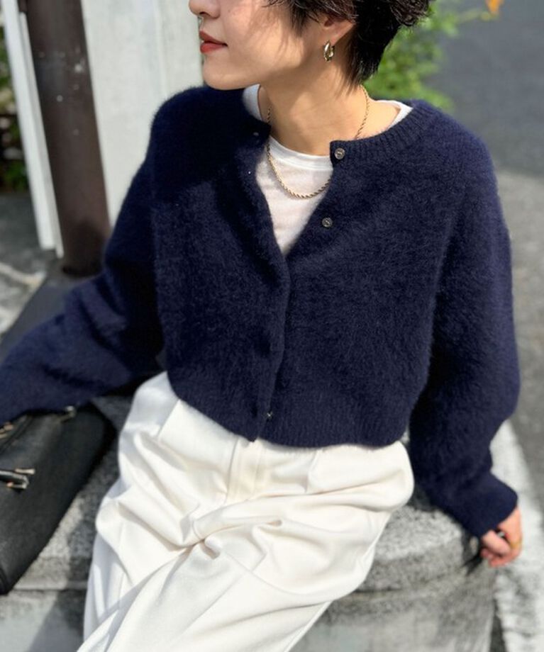 NOLLEY'S「《手洗い可能》《アンサンブル対応》プレミアムヘアリークロップドクルーネックカーディガン」|カーディガン|