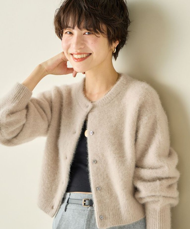 NOLLEY'S「《手洗い可能》《アンサンブル対応》プレミアムヘアリークロップドクルーネックカーディガン」|カーディガン|キャメル