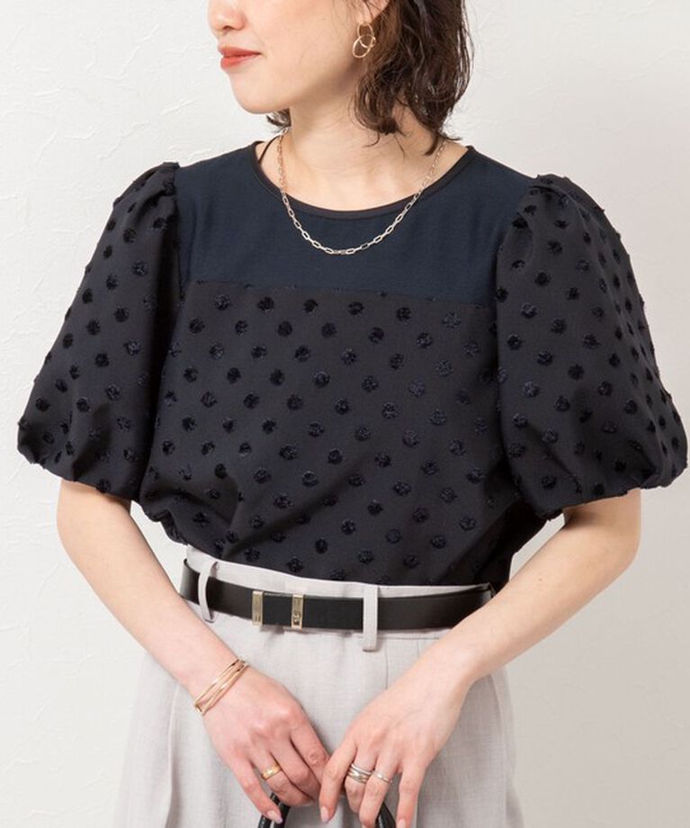 NOLLEY'S sophi「ドットジャガードバルーンスリーブブラウス」|シャツ・ブラウス|ネイビー